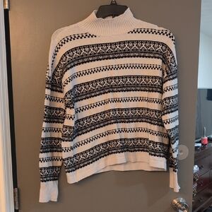 LOFT Black and Cream Patterned Turtleneck Sweater
